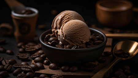 Indulgent dessert on rustic wood table, selective focus generated by artificial intelligenceの素材