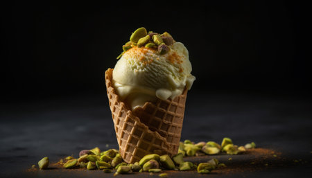 Indulgent ice cream cone with fresh fruit generated by artificial intelligenceの素材