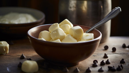 Fresh dairy bowl on rustic wooden table generated by artificial intelligenceの素材