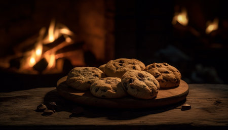 Homemade chocolate chip cookies baked with indulgence generated by artificial intelligenceの素材