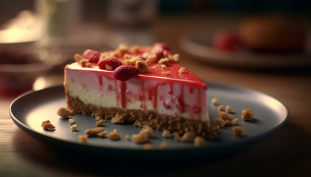 Whipped cream and raspberry cheesecake on plate generated by artificial intelligenceの素材