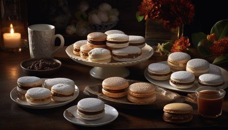 Freshly baked gourmet macaroons on rustic wood generated by artificial intelligenceの素材