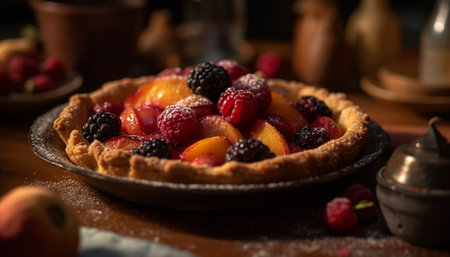 Sweet berry tart on rustic wooden table generated by artificial intelligenceの素材
