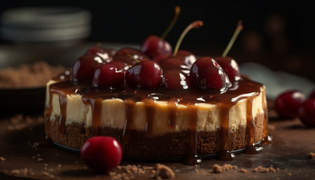 Indulgent homemade berry cheesecake with chocolate sauce decoration generated by artificial intelligenceの素材