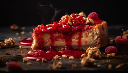 Rustic homemade berry cheesecake slice, indulgent refreshment generated by artificial intelligenceの素材