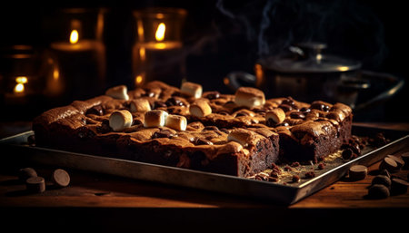 Indulgent homemade chocolate brownie on rustic wood table generated by artificial intelligenceの素材