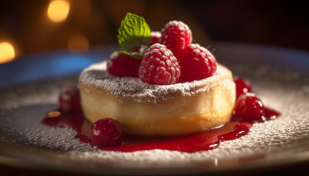 Indulgent homemade cheesecake with fresh berry sauce generated by artificial intelligenceの素材