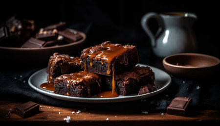 Stack of dark chocolate brownie slices generated by artificial intelligenceの素材