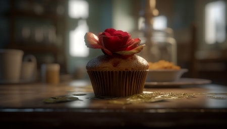 Freshly baked gourmet muffins on rustic table generated by artificial intelligenceの素材
