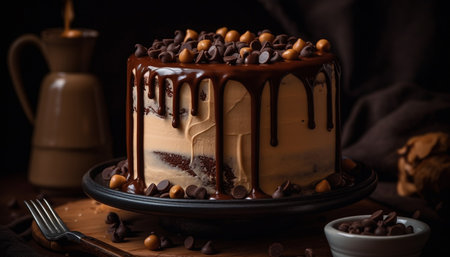 Dark chocolate cake slice on rustic wood table generated by artificial intelligenceの素材