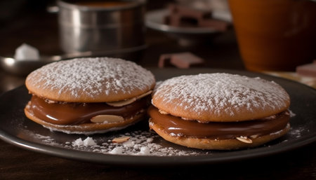 Stack of deep fried donuts on wooden plate generated by artificial intelligenceの素材