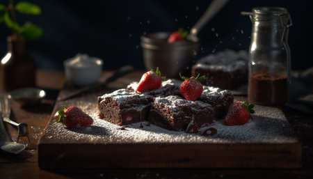 Rustic summer plate indulgence: homemade berry brownie slice generated by artificial intelligenceの素材