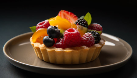 Fresh berry tart, homemade cheesecake indulgence on plate generated by artificial intelligenceの素材
