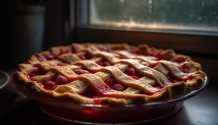 Freshly baked berry tart on rustic wooden table generated by artificial intelligenceの素材