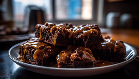 Stack of homemade brownies on rustic table generated by artificial intelligenceの素材