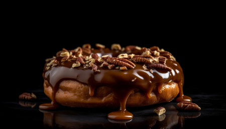 Indulgent homemade dark chocolate donut with almond generated by artificial intelligenceの素材