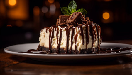 Decadent chocolate dessert on plate, ready to indulge generated by artificial intelligenceの素材