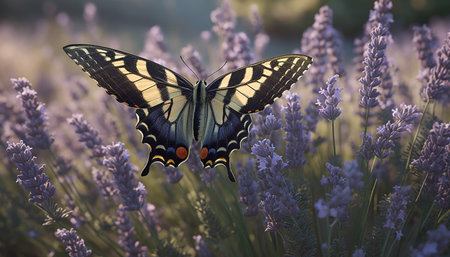 Vibrant swallowtail butterfly pollinates purple flower beauty generated by artificial intelligenceの素材