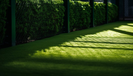 Green turf, golf ball, shadow, relaxation, sunlight generated by artificial intelligenceの素材