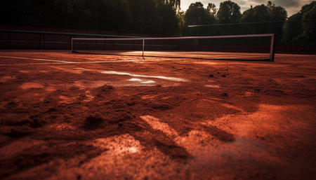 Playing tennis at dusk, net and ball generated by artificial intelligenceの素材