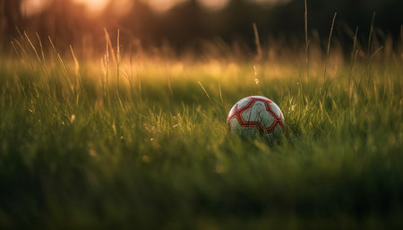 Playing soccer on green grass in sunlight generated by artificial intelligenceの素材