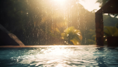 Sunlight drops on wet leaves, nature freshness generated by artificial intelligenceの素材