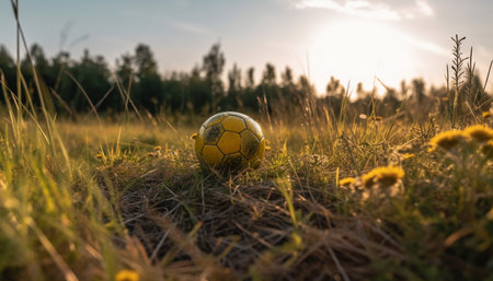 Playing soccer on the green meadow, success generated by artificial intelligenceの素材
