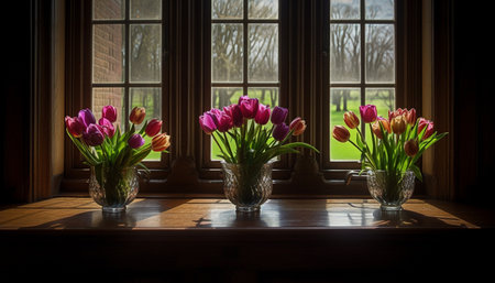 Fresh tulip bouquet on wooden table indoors generated by artificial intelligenceの素材