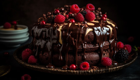 Indulgent chocolate raspberry dessert on rustic wooden table generated by artificial intelligenceの素材