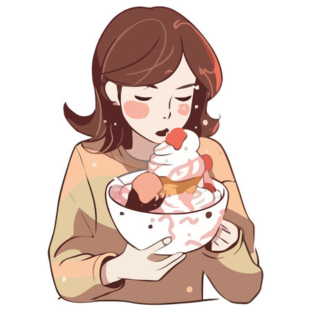 girl eating bowl of ice creamのイラスト素材