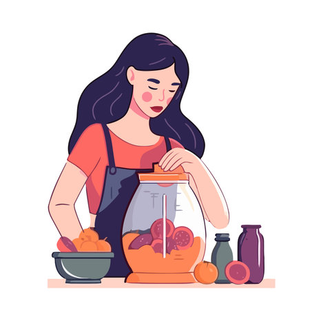 woman and fresh organic fruits and blenderのイラスト素材