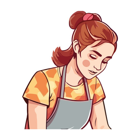 Cheerful woman cooking in uniform, serving foodのイラスト素材