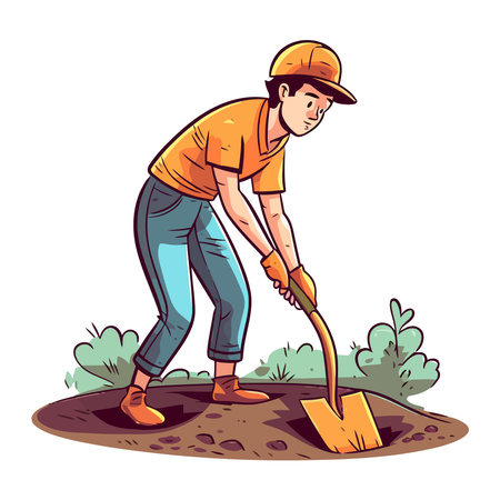 young farmer planting outdoors with shovelのイラスト素材