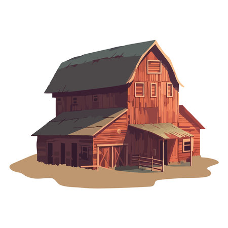 Rustic cottage nestled in nature with old barn and hutのイラスト素材