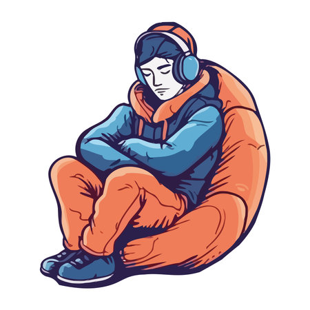 young adult with headphones in winter clothesのイラスト素材
