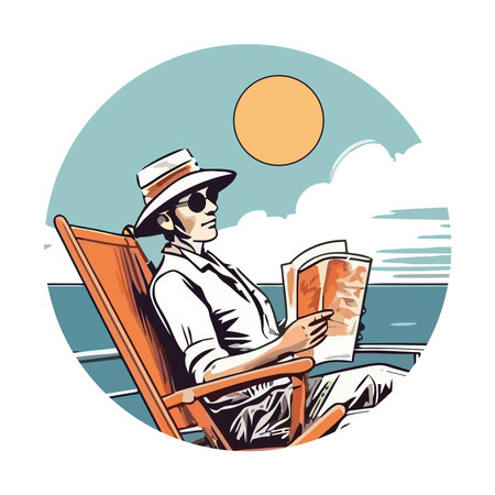 One person sitting, reading a book in beachのイラスト素材