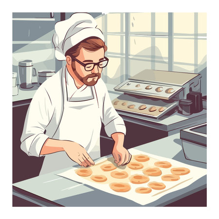 One gourmet man cooking dough on stoveのイラスト素材