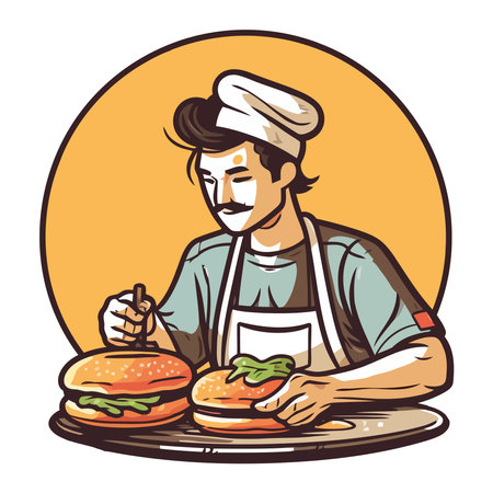 Cheerful chef in apron cooking gourmet burgerのイラスト素材