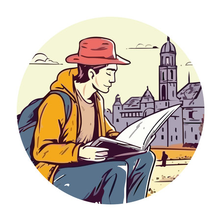 One person sitting outdoors, reading sketchのイラスト素材