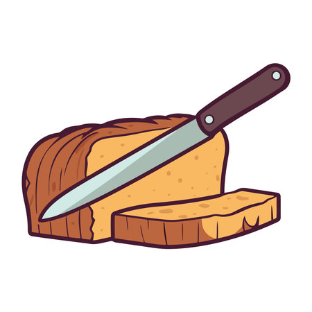 Sharp kitchen knife slices fresh bread loafのイラスト素材