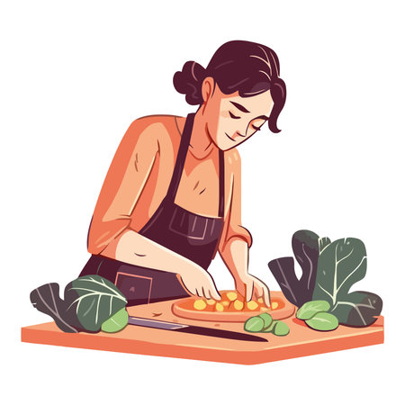 Chef cutting fresh vegetables for healthy salad meal.のイラスト素材