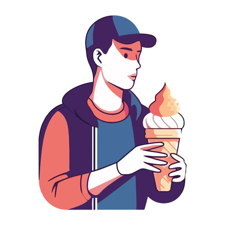 One person holding ice cream, smiling joyfullyのイラスト素材