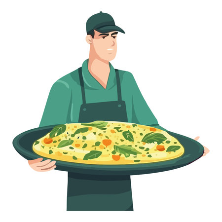 Chef delivering fresh pizza with organic vegetablesのイラスト素材