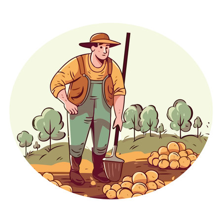 farmer digging lawn, planting vegetablesのイラスト素材