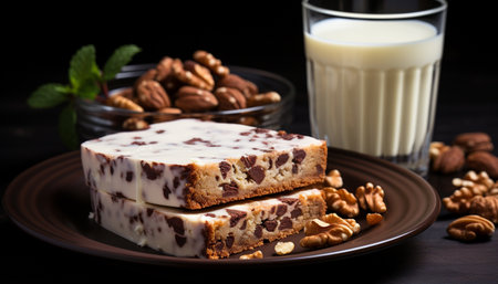 Freshness and indulgence on a rustic wood table homemade chocolate fudge generated by artificial intelligenceの素材