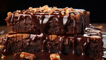 A slice of homemade chocolate fudge cake on a plate generated by artificial intelligenceの素材