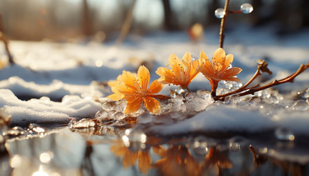 Yellow leaf on frosty branch in winter forest generated by artificial intelligenceの素材