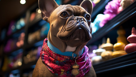 Cute French bulldog puppy sitting outdoors, looking at camera generated by artificial intelligenceの素材