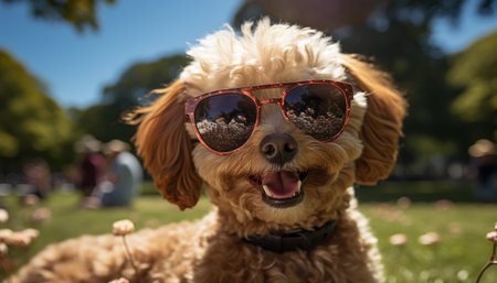 Cute puppy wearing sunglasses enjoys the outdoors with friends generated by artificial intelligenceの素材