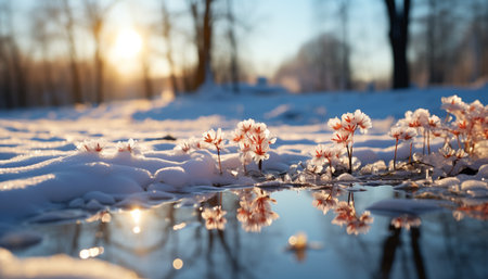 The beauty of nature in a tranquil meadow at dawn generated by artificial intelligenceの素材